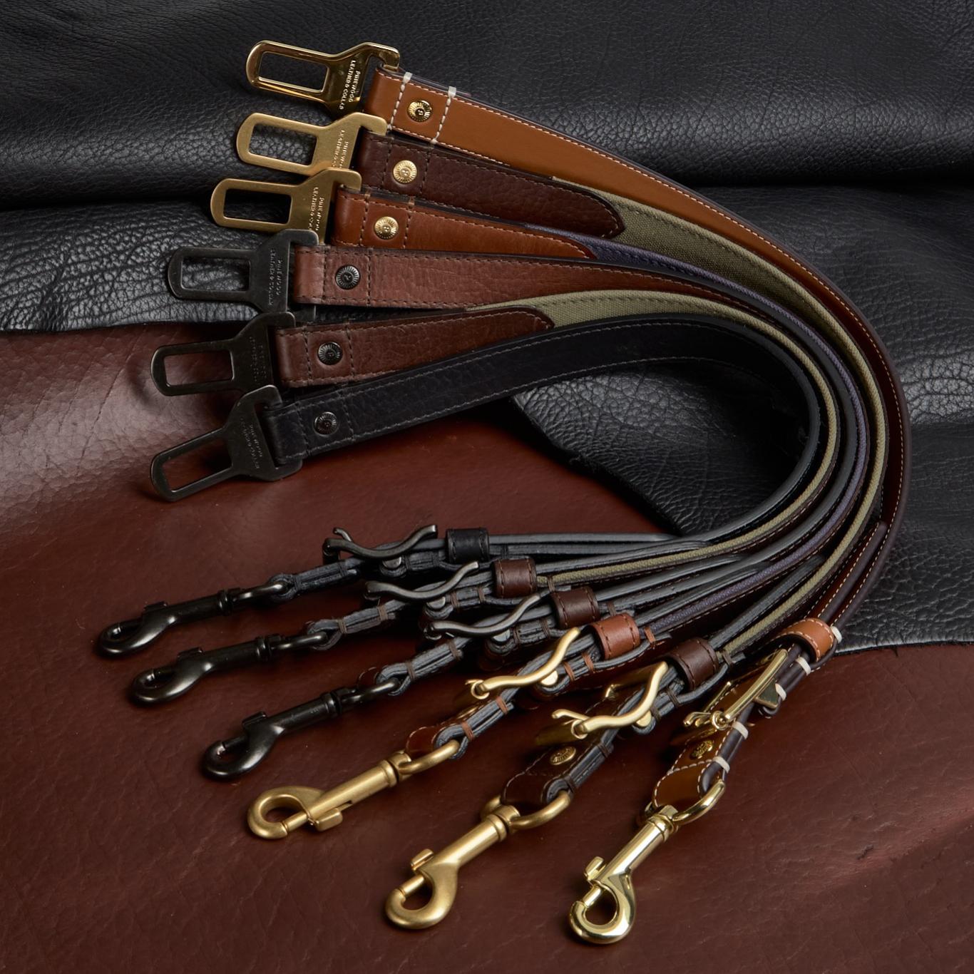 Cumberland Collection Various colors of leather dog seatbelt. Pinewood Leather