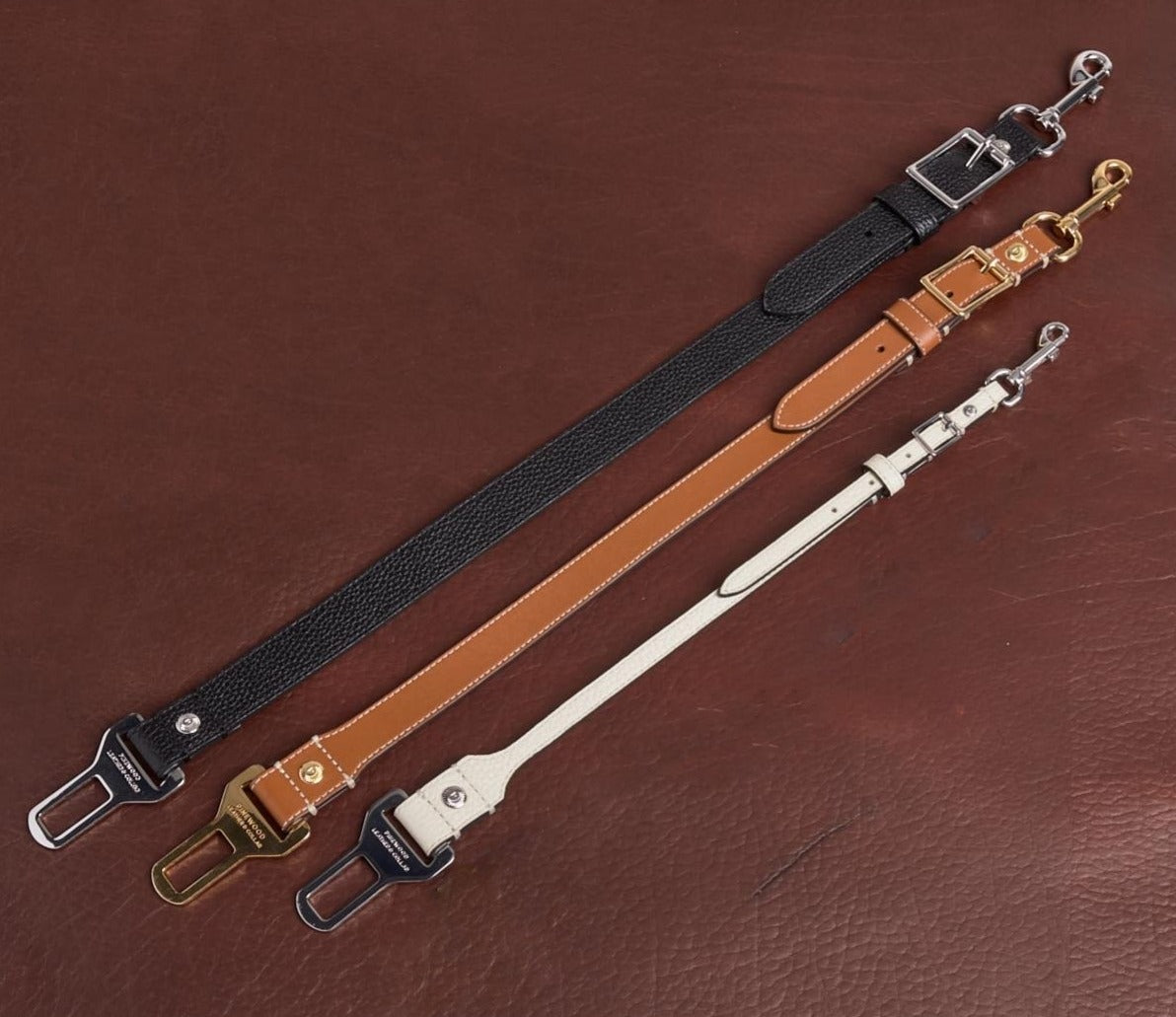 Harpeth Leather Dog Seatbelt Size comparison. Pinewood Leather