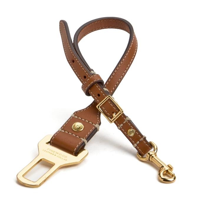 Luxury leather dog seatbelt tether Tan leather with gold – SMALL- Pinewood Leather & Collar