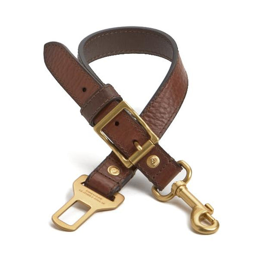 Bison leather dog seatbelt tether in Gold hardware. Pinewood Leather & Collar