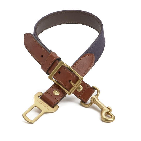 Bison Leather Dog Seatbelt with with Navy Canvas and Gold hardware. Pinewood Leather & Collar