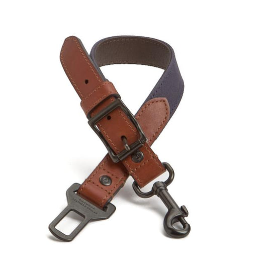 Leather Dog Seatbelt – Brown Leather-Navy Canvas-Gunmetal Finish