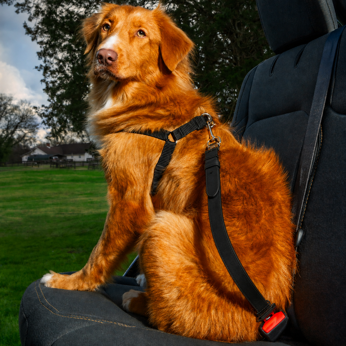 Leather Dog Seatbelt – Black-Silver Finish