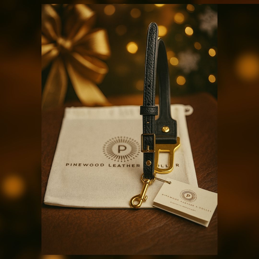 Leather Dog Seatbelt – Black-Gold Finish