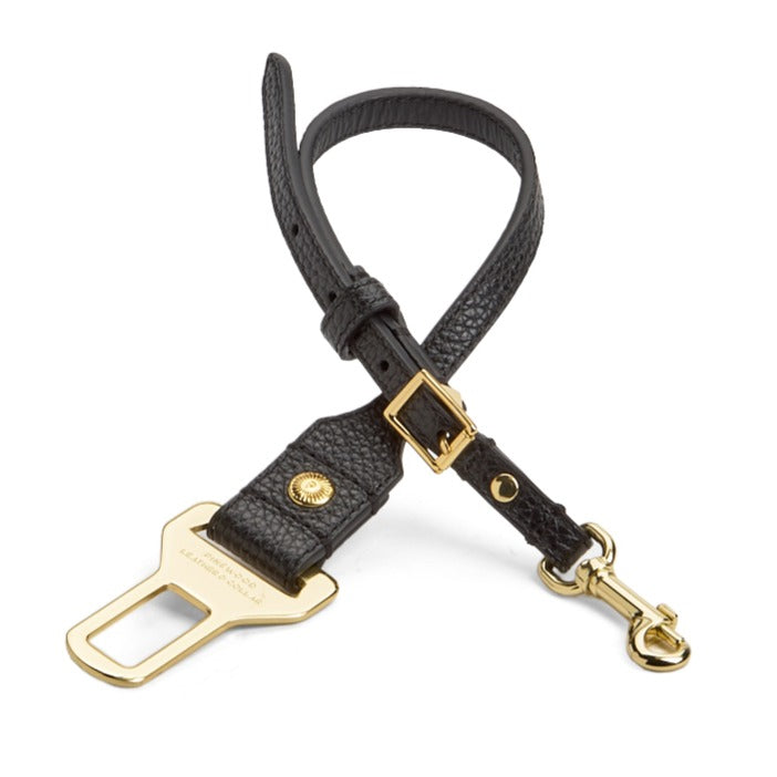 Leather Dog Seatbelt – Black-Gold Finish