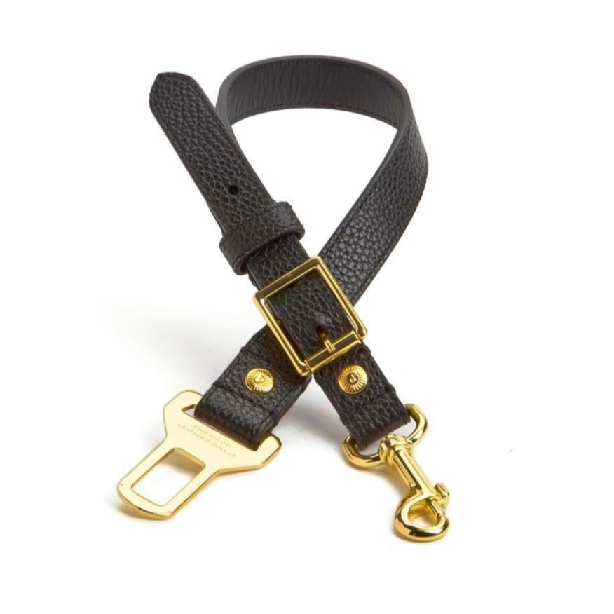 Leather Dog Seatbelt – Black-Gold Finish