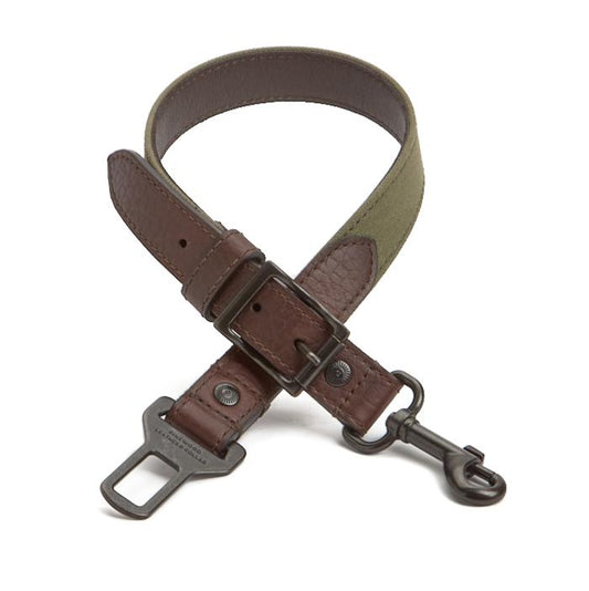 Bison leather and Green Canvas dog seatbelt tether with Gunmetal hardware. Pinewood Leather & Collar