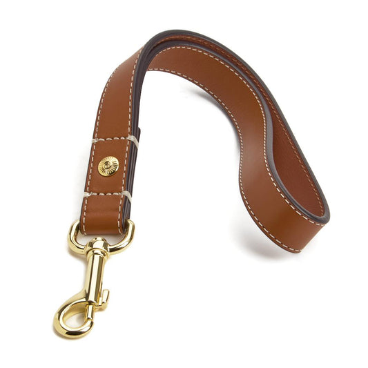 Collins Dog Loop Seatbelt Tether & Short Leash- Tan Leather- Gold Finish
